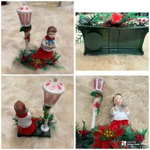 Vintage 50s soft plastic Christmas caroler and lamp post figurine.